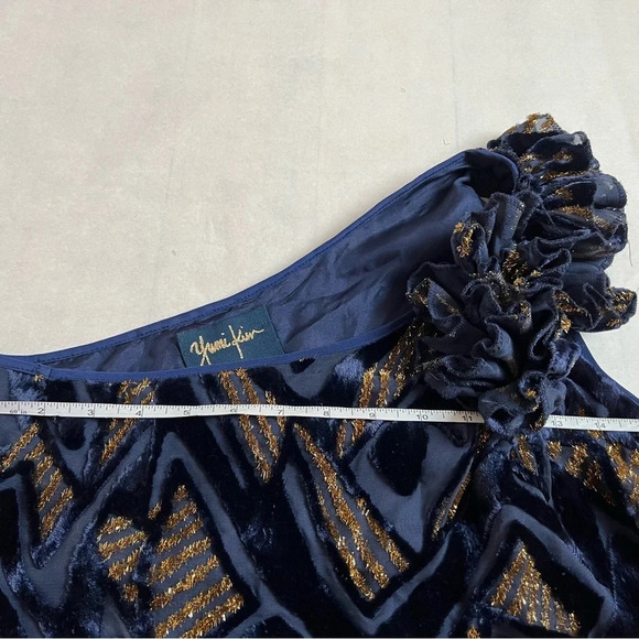 Yumi Kim XS Top Gold Blue Silk Blend Geometric Print One Shoulder Blouse - Picture 7 of 7